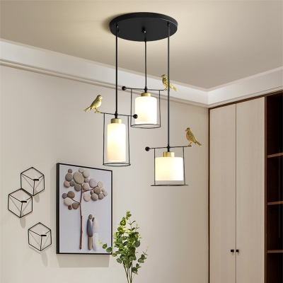 Modernism Cylinder Multi Light Pendant Cream/Smoke Gray Glass 3 Bulbs Dining Room Ceiling Lamp with Gold Bird Deco