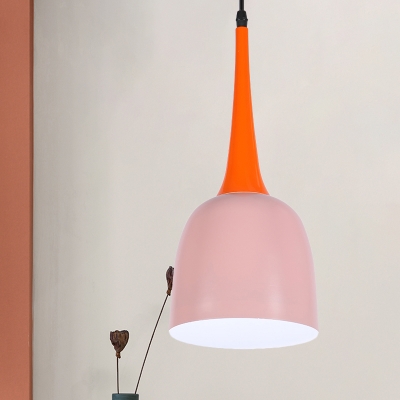 Nordic Bell Shade Pendant Lighting Single Bulb Metal Hanging Light Fixture in Black/White/Pink with Orange Grip