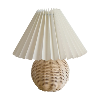 Nordic Flared Nightstand Light Gathered Fabric Single Living Room Table Lighting in White with Rattan Ball Base