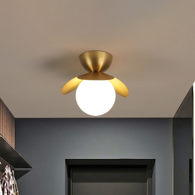 Postmodern Ball Mini Ceiling Flush Milk Glass 1-Light Foyer Flush Mounted Lamp with Brass Petal Guard
