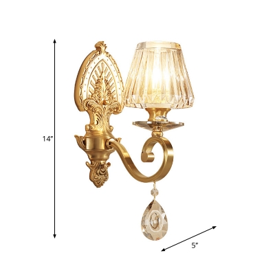 Prismatic Crystal Conical Wall Lamp Traditional 1 Bulb Family Room Sconce Lighting in Gold