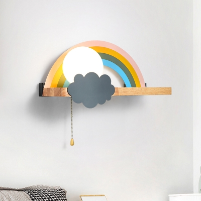 Rainbow and Sun Wall Light Fixture Cartoon Metal 1-Light Brown LED Sconce Lamp with Wood Storage Rack and Pull Chain
