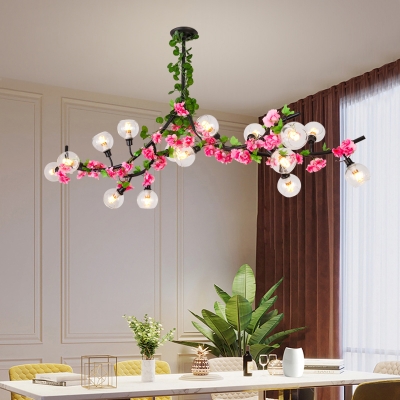 Red/Pink Flower Wrapped Semi Flush Light Rural Iron 15 Bulbs Dining Room Ceiling Mount Chandelier with Dome Glass Shade