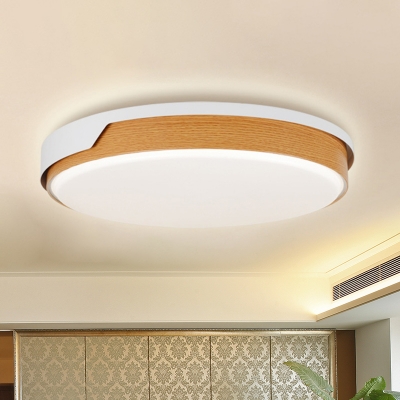 Round Bedroom Ceiling Lighting Wood Nordic Style LED Flush Mount Fixture with Shell Guard
