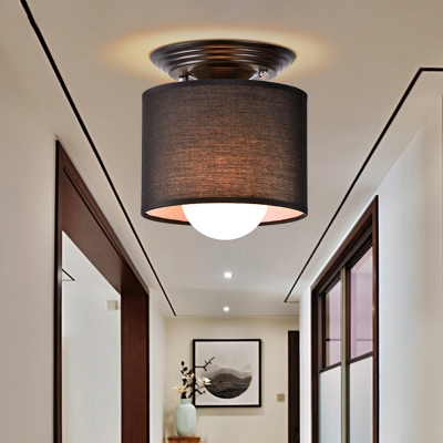 Simple Small Barrel Flush Ceiling Light Single-Bulb Fabric Flushmount Lighting in Black/White for Corridor