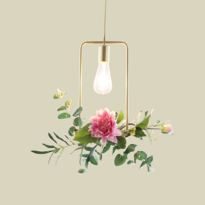 Single Bulb Flower Hanging Light Kit Metal Rustic Parlor Down Lighting Pendant with Triangle/Round Frame in Champagne