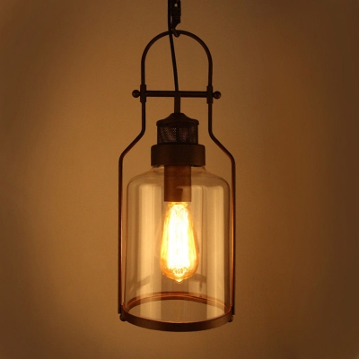 Single Bulb Jar Shape Pendulum Light Industrial Black Clear Glass Hanging Lamp with Mesh Venting Hole