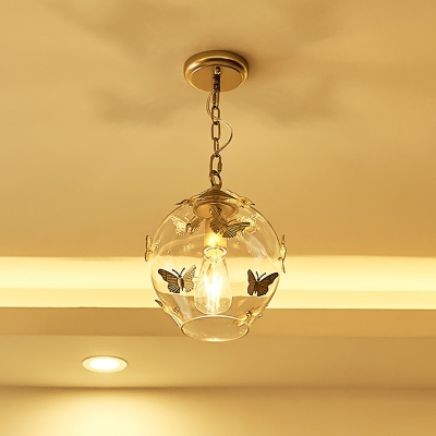 Small Globe Clear Glass Drop Pendant Designer Single Bedroom Ceiling Suspension Lamp with Butterfly Decor