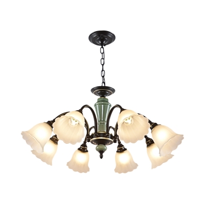 Traditional Flower Hanging Lamp Kit 3/6/8-Head White Frosted Glass Pendant Chandelier in Black
