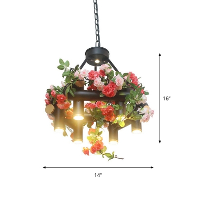 Vintage Tube Chandelier Light 6 Bulbs Iron Hanging Pendant Lamp in Black with Artificial Rose