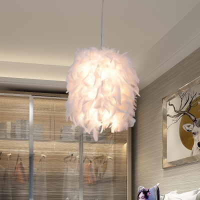 White Feather Hanging Light Kit Modernism 1 Head Fabric Ceiling Pendant Lamp for Dining Room