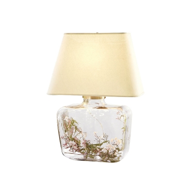 White Pagoda Night Lamp Rustic Fabric 1-Light Parlor Table Light with Square Jar Clear Glass Base