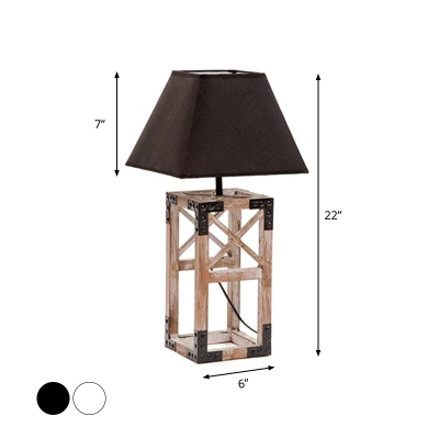 Wood Cuboid Cage Night Lamp Modern Novelty 1 Light Plug-In Table Lighting with Pagoda Fabric Shade in Black/White