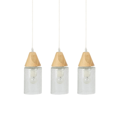 Wood Cylinder Pendant Light Modernist 3 Bulbs Clear Cracked Glass Multiple Hanging Lamp