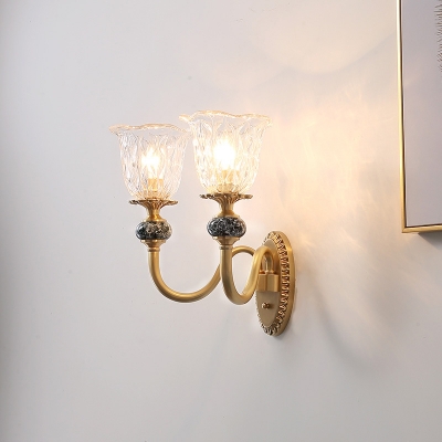 1/2-Head Wall Sconce Light Traditional Floral Textured Glass Wall Mount Lamp with Brass Undulated Arm