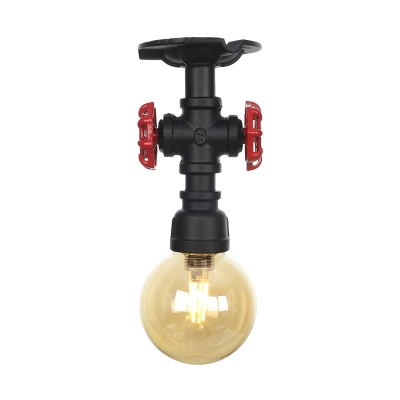 1-Bulb Sphere Semi Flushmount Vintage Black Finish Amber Glass LED Flush Ceiling Lamp