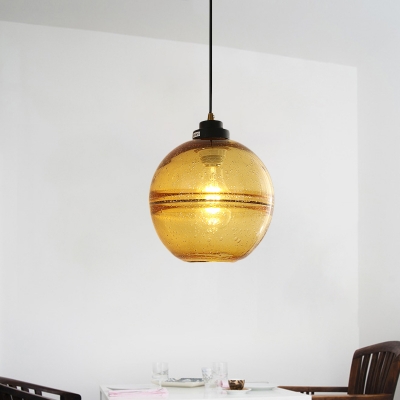 1 Head Bedside Hanging Ceiling Light Modern Black Suspension Lamp with Ball Amber/Smoke Gray Bubble Glass Shade
