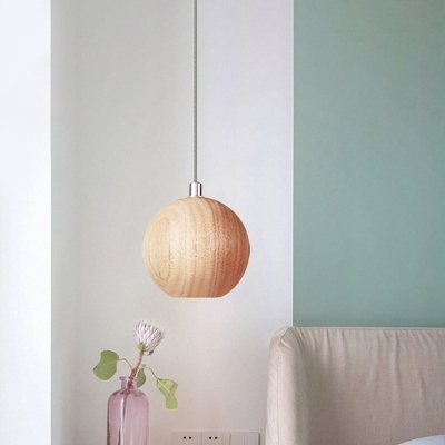 1 Head Bedside LED Down Lighting Minimalist Beige Hanging Lamp Kit with Globe Wood Shade