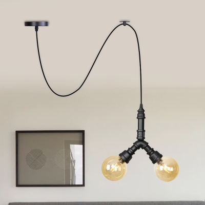 2 Bulbs Orb/Capsule LED Swag Chandelier Industrial-Style Black Amber Glass Ceiling Pendant Light