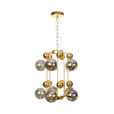 2 Tiered Ball Smoke Grey Glass Chandelier Mid Century 8 Lights Brass Finish Ceiling Pendant Lamp