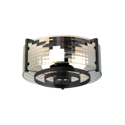 3-Bulb Flush Mount Chandelier Clear Striped/Trellis Glass Retro Bedroom Ceiling Light with Drum Shade in Black