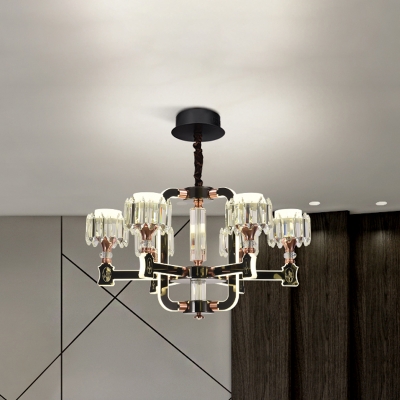 6/8 Lights Radial Ceiling Chandelier Modernist Black Metal LED Pendant Lamp with Drum Crystal Shade