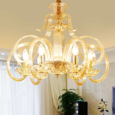 6-Light Hanging Lighting Traditional Scroll Arm Amber Prismatic Glass Chandelier Pendant Lamp