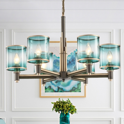 6 Lights Dining Room Pendant Chandelier Post-Modern Grey Hanging Lamp Kit with Cylinder Gradient Blue Glass Shade