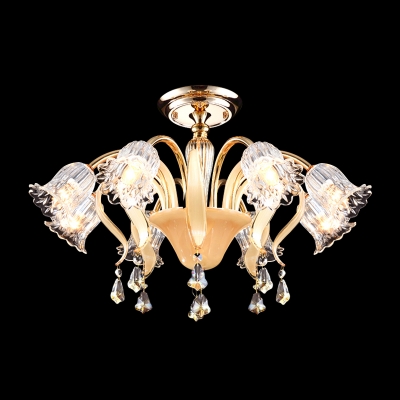 8-Bulb Semi Mount Lighting Modernism Bedroom Flush Ceiling Lamp with Floral Crystal Shade in Gold