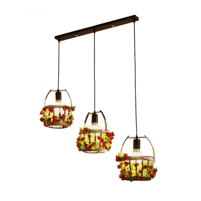 Antique Basket Cluster Pendant Light 3 Bulbs Metal Hanging Lamp in Black with Round/Linear Canopy