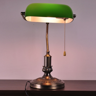 Antiqued Brass 1 Bulb Night Lamp Retro Green Blown Glass Half Capsule Table Light with Bend Arm and Pull Chain