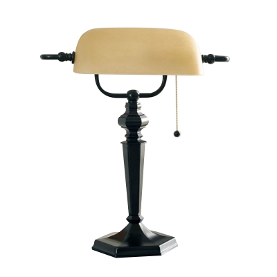 Antiqued Half-Oblong Table Lamp 1 Bulb Frosted Glass Nightstand Light with Pull Chain in Black/Brass