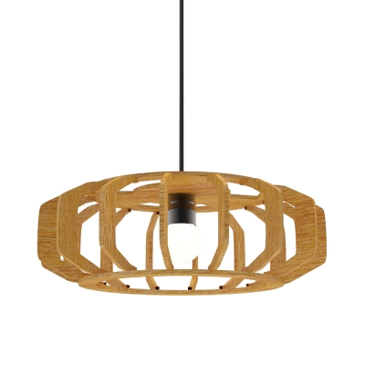 Asia Style 1 Bulb Ceiling Hang Fixture Beige Lantern Frame Pendant Lamp Kit with Wood Shade