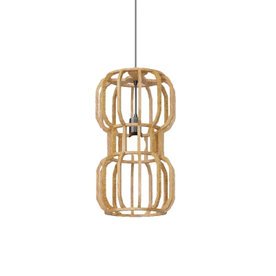 Asian Dumbbell Frame Suspension Light Wood 1-Bulb Restaurant Ceiling Pendant Lamp in Beige