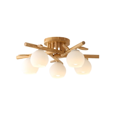 Ball Cream Glass Semi Flush Mount Modernism 3/5 Bulbs Wood Branch Ceiling Flush for Bedroom