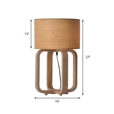 Beige Short Cylinder Table Light Asia 1 Bulb Wood Night Stand Lamp with Open Square Base