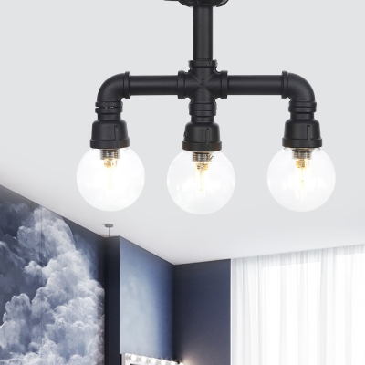 Black 3/4-Head LED Semi Flush Mount Industrial Clear Glass Spherical Flush Ceiling Lighting