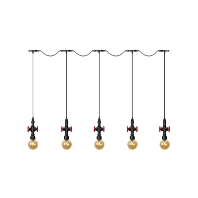 Black 3/5/7 Bulbs Tandem Multi Pendant Industrial Amber Glass Global LED Hanging Ceiling Lamp with Valve Deco