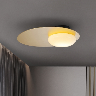 Black/Brass Disc Flushmount Minimalist 1 Head Iron Ceiling Lamp with Oval White Glass Shade