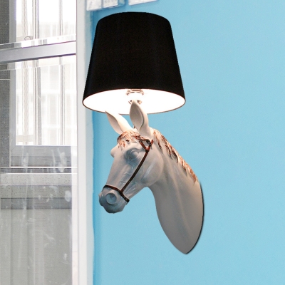 Black/White Steed Wall Light Rustic Resin 1 Bulb Corridor Wall Sconce with Cone Fabric Shade