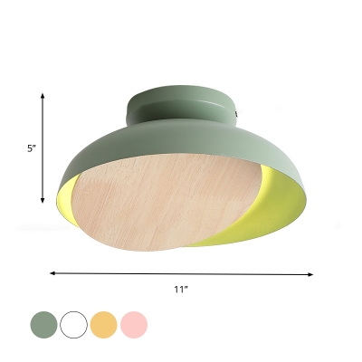 Bowl Shape Iron Ceiling Flush Macaron Pink/Yellow/Green LED Flushmount Lighting with Adjustable Wood Cover for Foyer