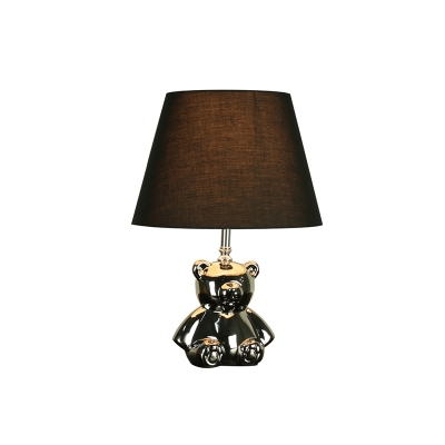 Brown 1 Head Nightstand Light Rural Fabric Conic Table Lamp with Ceramic Bear Base in Polished Silver/Gold
