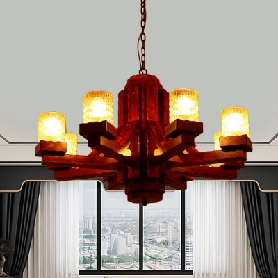 Brown Cylinder Hanging Chandelier Country Yellow Dimple Glass 8 Bulbs Living Room Ceiling Fixture with Wood Arm