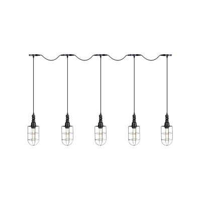 Caged Iron Multi Pendant Light Industrial 3/5/7-Bulb Restaurant Tandem Suspension Lamp in Black