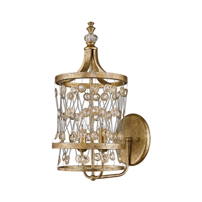 Candle Crystal Wall Light Fixture Modern 2-Bulb Bedroom Wall Lamp in Gold with Round Metal Cage