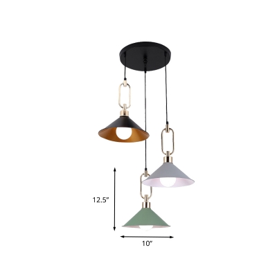 Cone Iron Multiple Hanging Lamp Macaron 3 Heads Black-Pink-Green Finish Drop Pendant Lamp with Ring Buckle Top, Linear/Round Canopy