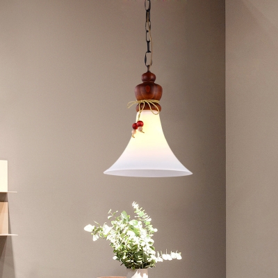 Cream Glass Brown Suspension Lamp Flared 1-Head Traditional Hanging Ceiling Light with Wooden Cap