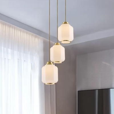 Dining Room Cluster Barrel Pendant Vintage White Glass 3 Heads Brass Hanging Ceiling Light