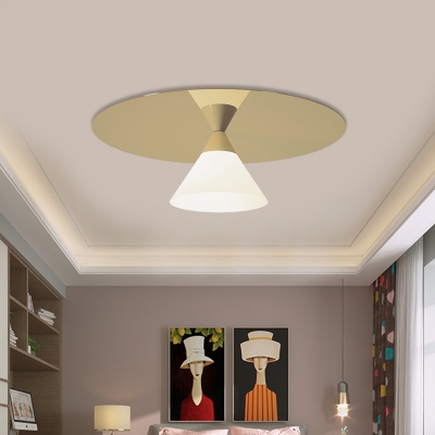 Frosted Glass Cone Flush Light Postmodern 1 Head Ceiling Mount Lighting with Gold Disc Top