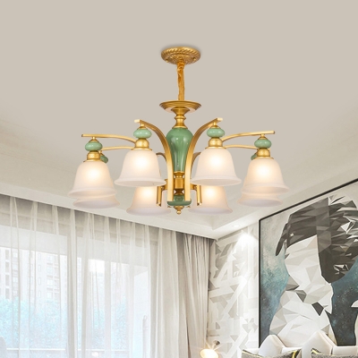 Frosted Glass Gold Ceiling Lamp Bell 3/5/6 Heads Farmhouse Hanging Chandelier with Ceramics Detail
